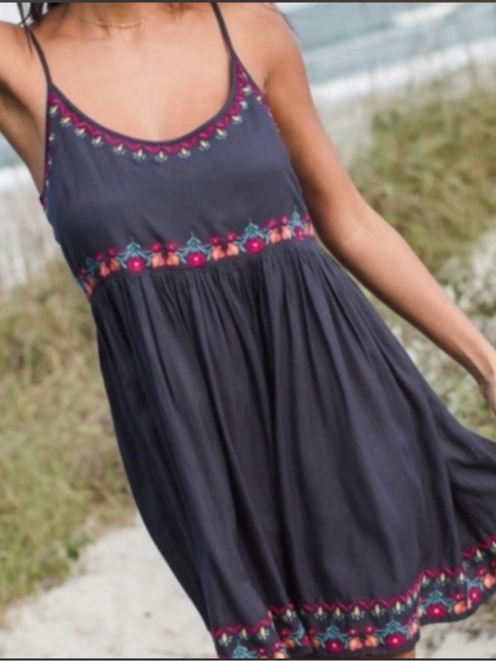 Natural Life Gray Floral Embroidered Babydoll Mini Dress Large Tank Top Boho